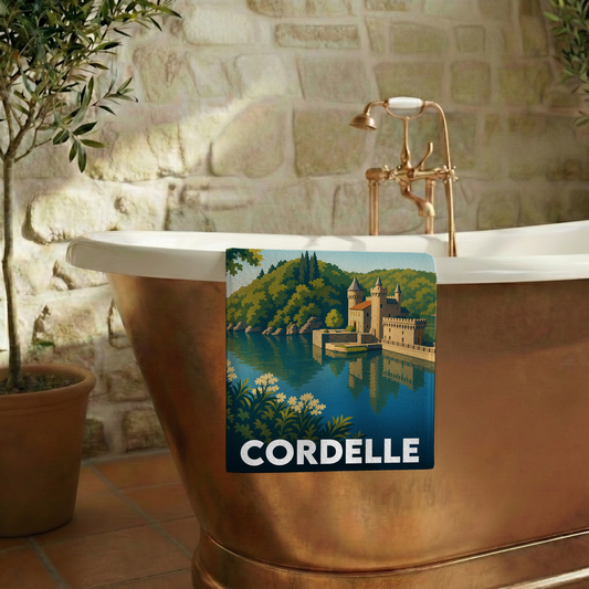 Serviette de bain souvenir de la ville de Cordelle avec une illustration stylisée d'un château au bord de l'eau.