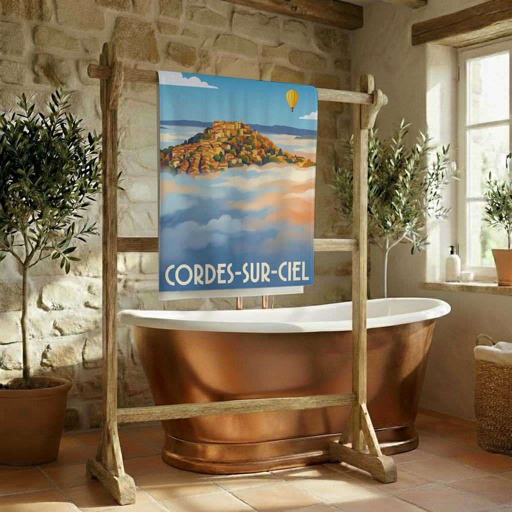 Serviette de bain souvenir de la ville de Cordes-sur-Ciel avec une illustration stylisée du village émergeant des nuages.