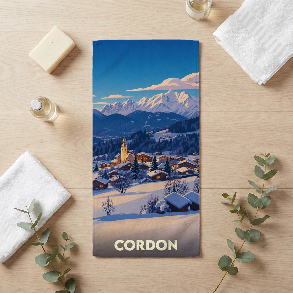 Serviette de bain souvenir de la ville de Cordon illustrée par un paysage de montagne enneigé.