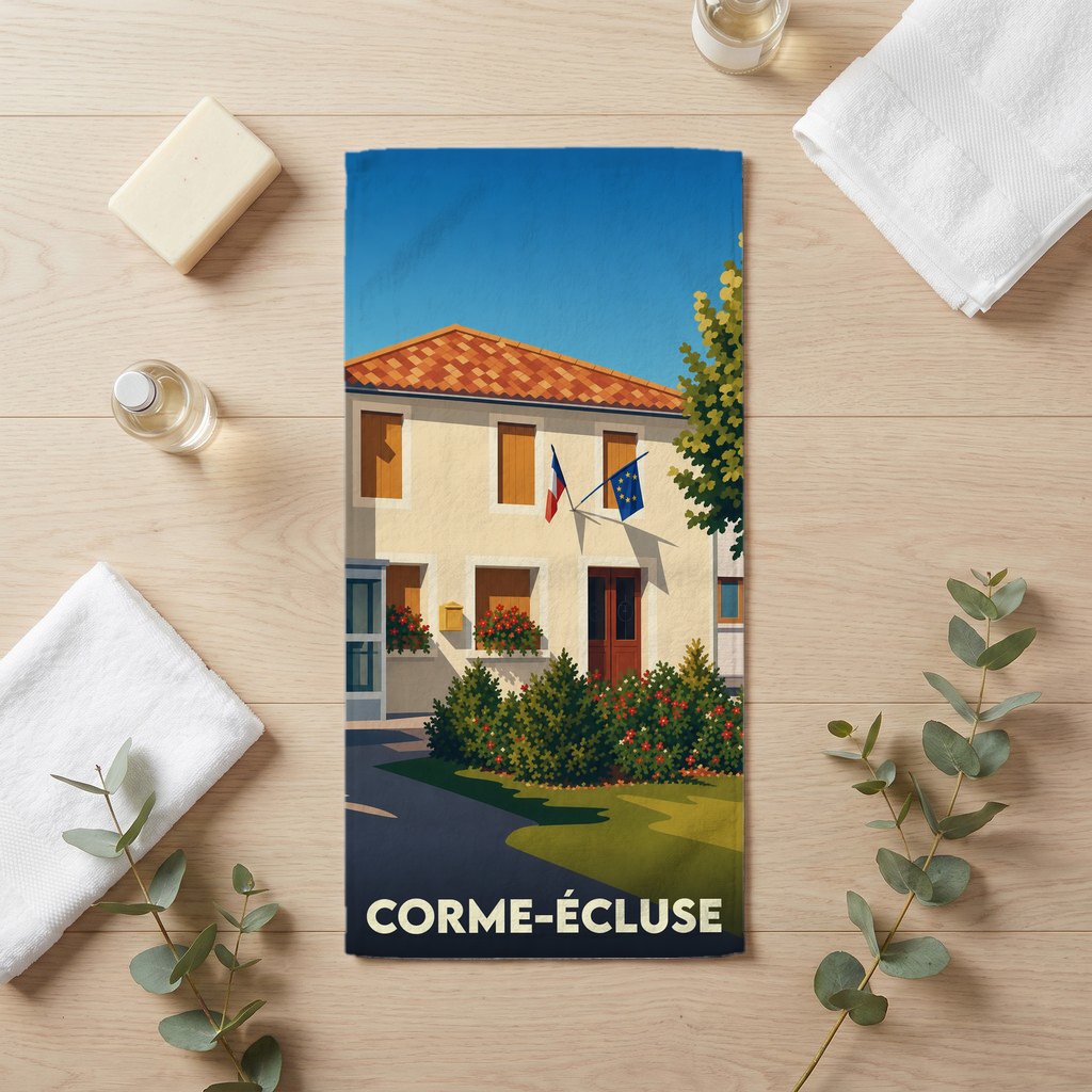 Serviette de bain souvenir de la ville de Corme-Écluse avec une illustration stylisée d'un bâtiment typique.