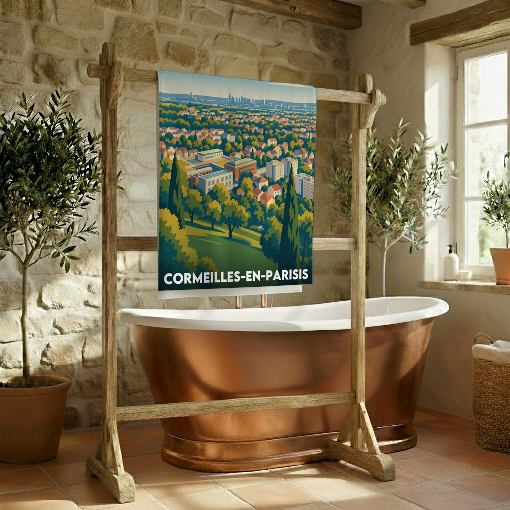 Serviette de bain souvenir de la ville de Cormeilles-en-Parisis avec une illustration panoramique stylisée.