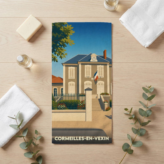 Serviette de bain souvenir de la ville de Cormeilles-en-Vexin avec une illustration stylisée.