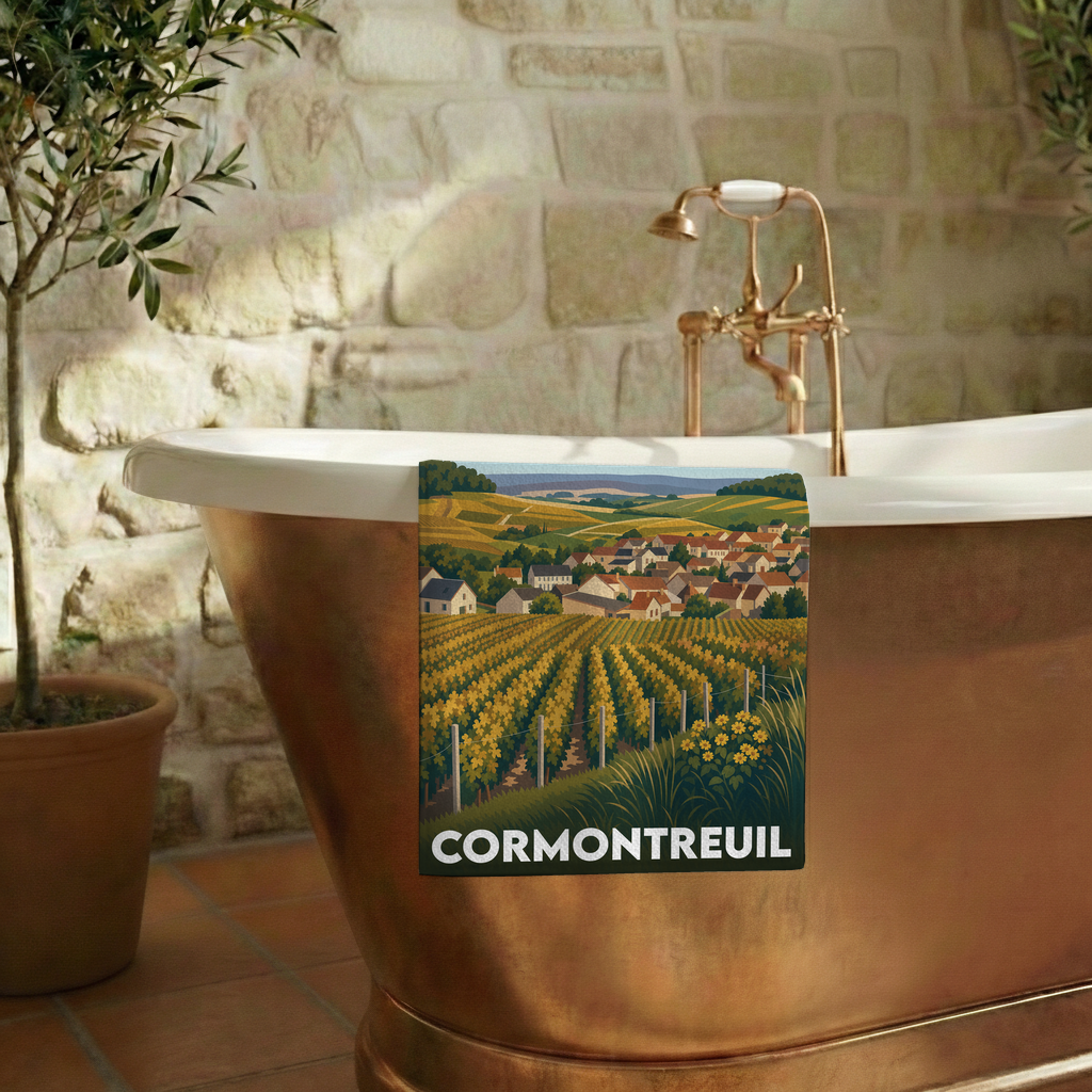 Serviette de bain souvenir de la ville de Cormontreuil avec une illustration stylisée de vignobles.