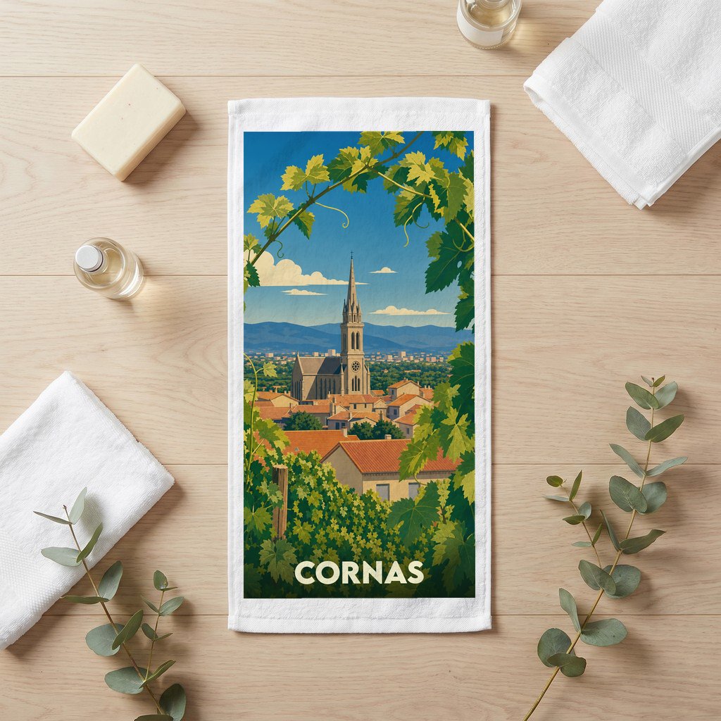 Serviette de bain souvenir de la ville de Cornas ornée d'une illustration stylisée de son paysage urbain et de ses vignobles.