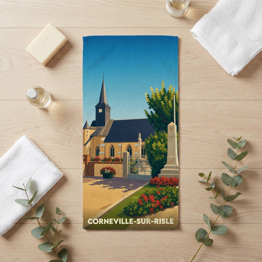 Serviette de bain souvenir de Corneville-sur-Risle illustrée d'une vue stylisée de son église et de son monument.