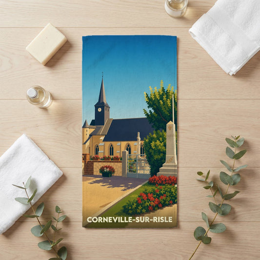 Serviette de bain souvenir de Corneville-sur-Risle illustrée d'une vue stylisée de son église et de son monument.