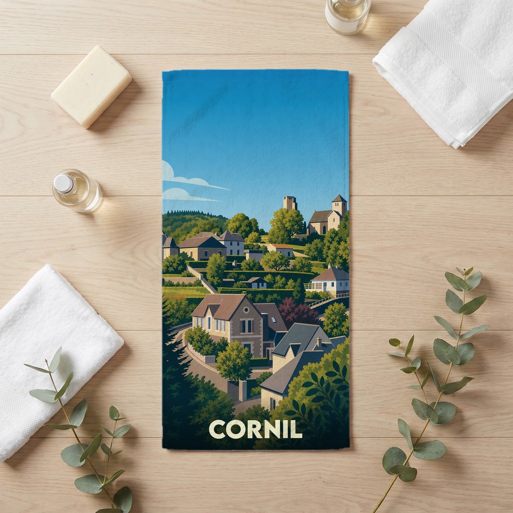 Serviette de bain souvenir de la ville de Cornil avec une illustration stylisée.