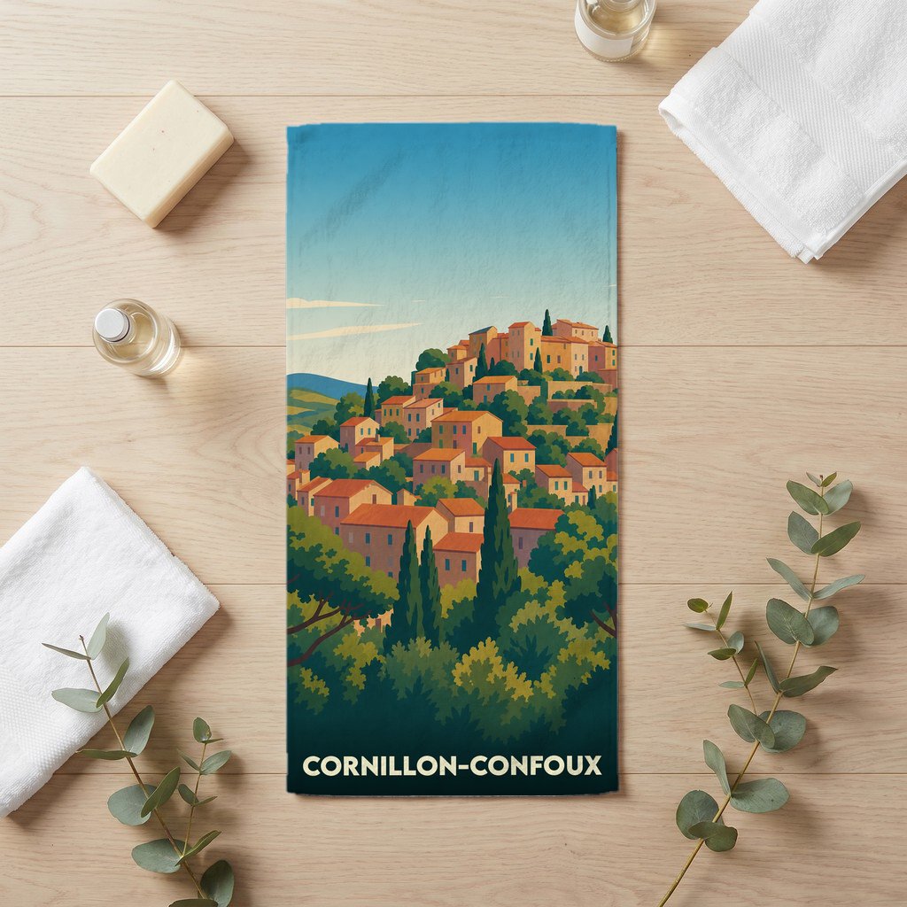 Serviette de bain souvenir de la ville de Cornillon-Confoux avec une illustration stylisée d'un village provençal.