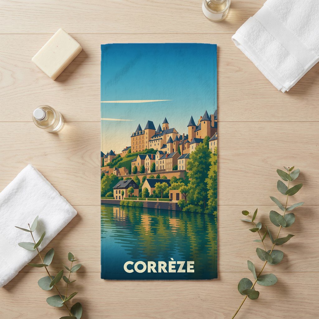 Serviette de bain souvenir de la ville de Corrèze avec une illustration stylisée d'un village au bord de l'eau.