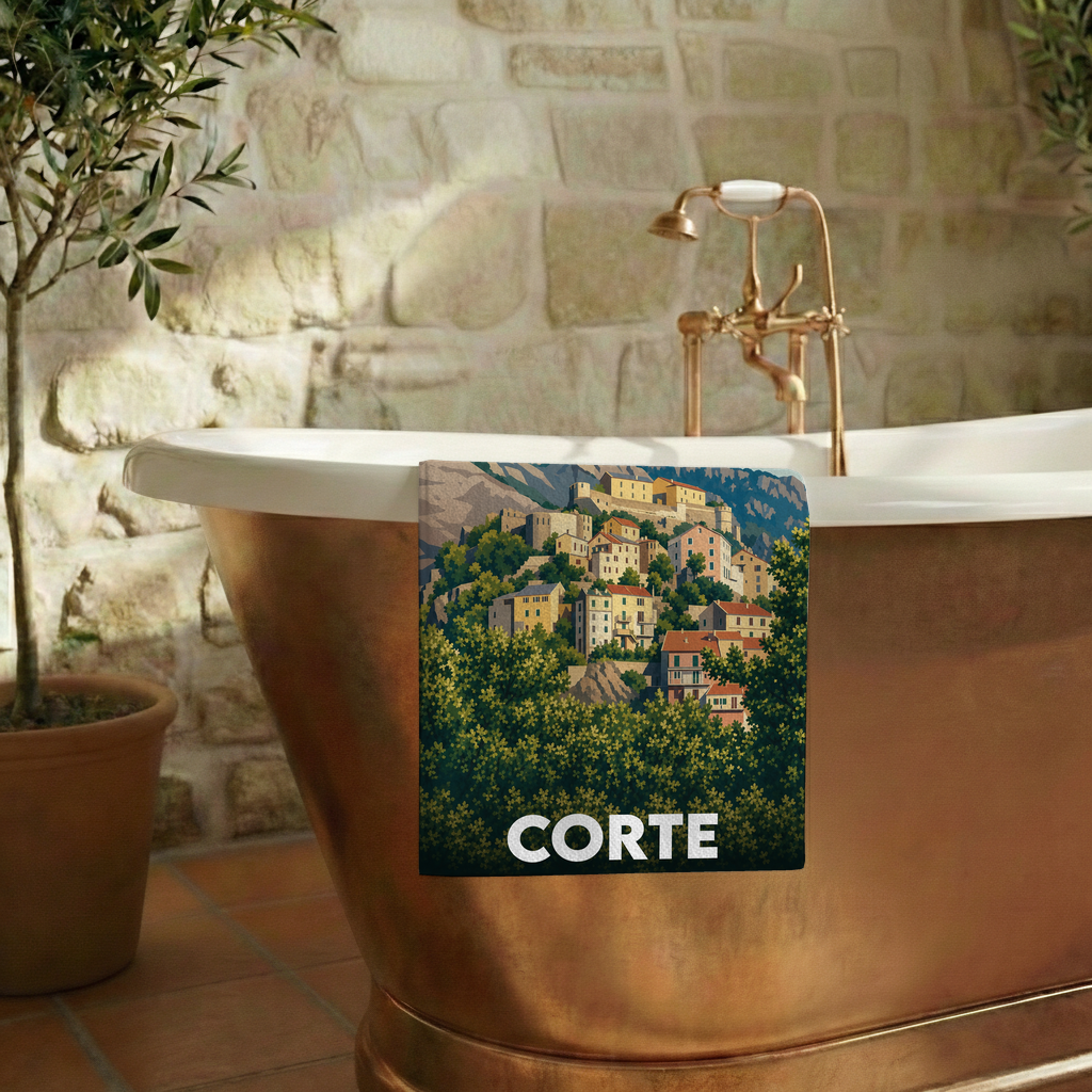 Serviette de bain souvenir de la ville de Corte avec une illustration stylisée.