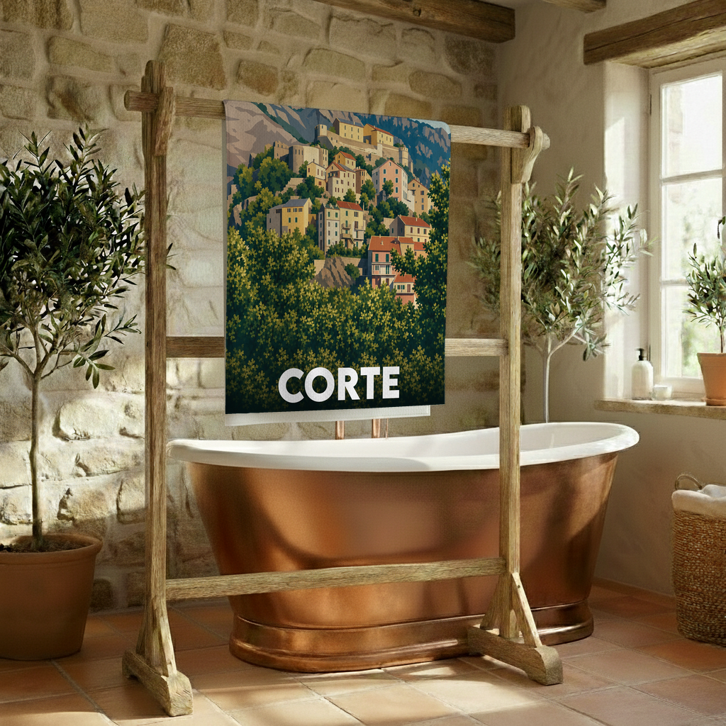Serviette de bain souvenir de la ville de Corte avec une illustration stylisée de sa citadelle et de ses maisons colorées.
