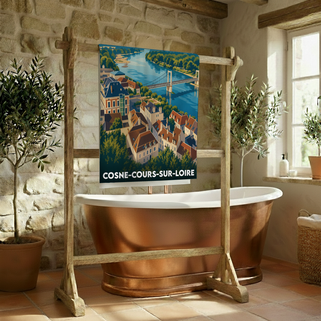 Serviette de bain souvenir de la ville de Cosne-Cours-sur-Loire avec une illustration stylisée d'un paysage urbain au bord de l'eau.