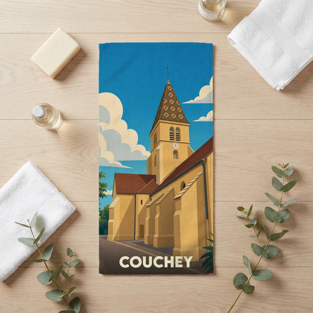 Serviette de bain souvenir de la ville de Couchey avec une illustration stylisée de son église.