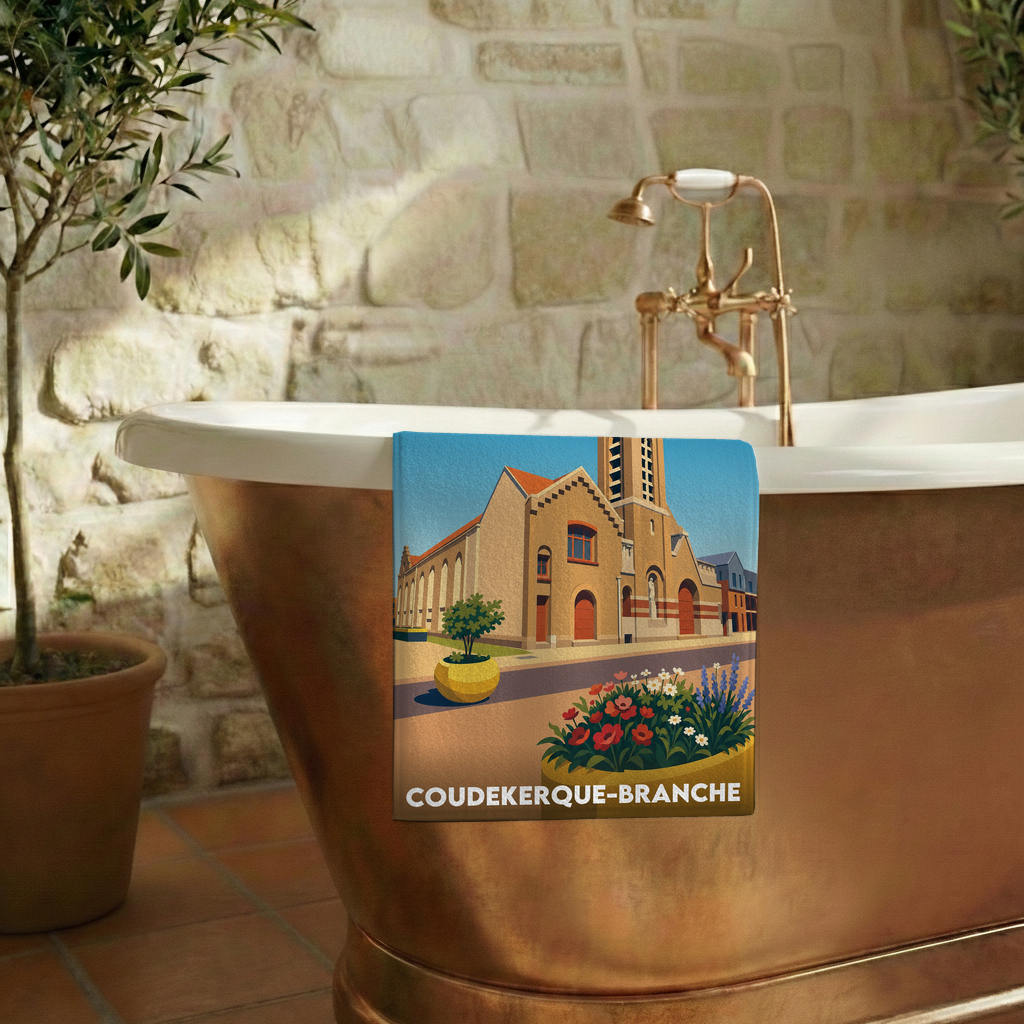 Serviette de bain souvenir de la ville de Coudekerque-Branche avec une illustration stylisée.