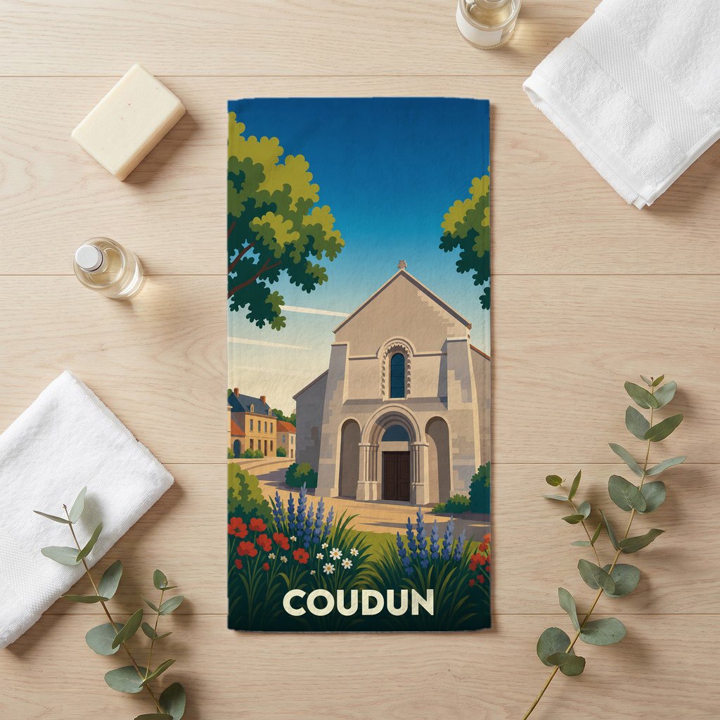 Serviette de bain souvenir de la ville de Coudun avec une illustration stylisée de son église.