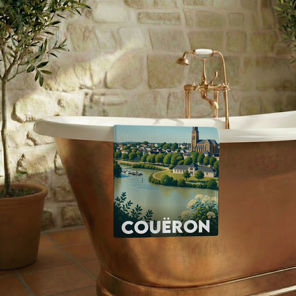 Serviette de bain souvenir de la ville de Couëron avec une illustration stylisée de son paysage.
