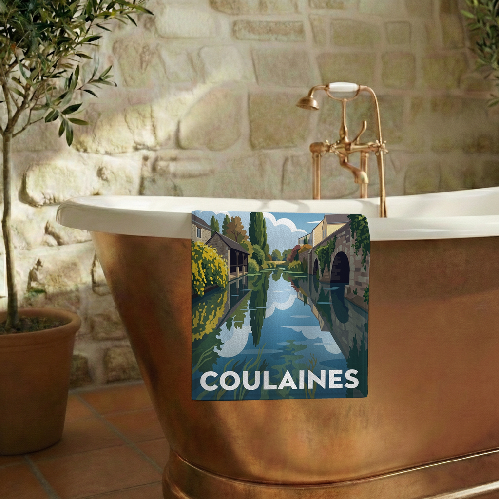 Serviette de bain souvenir de la ville de Coulaines avec une illustration stylisée.