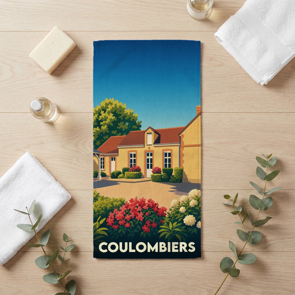Serviette de bain souvenir de la ville de Coulombiers avec une illustration stylisée d'une maison de campagne.