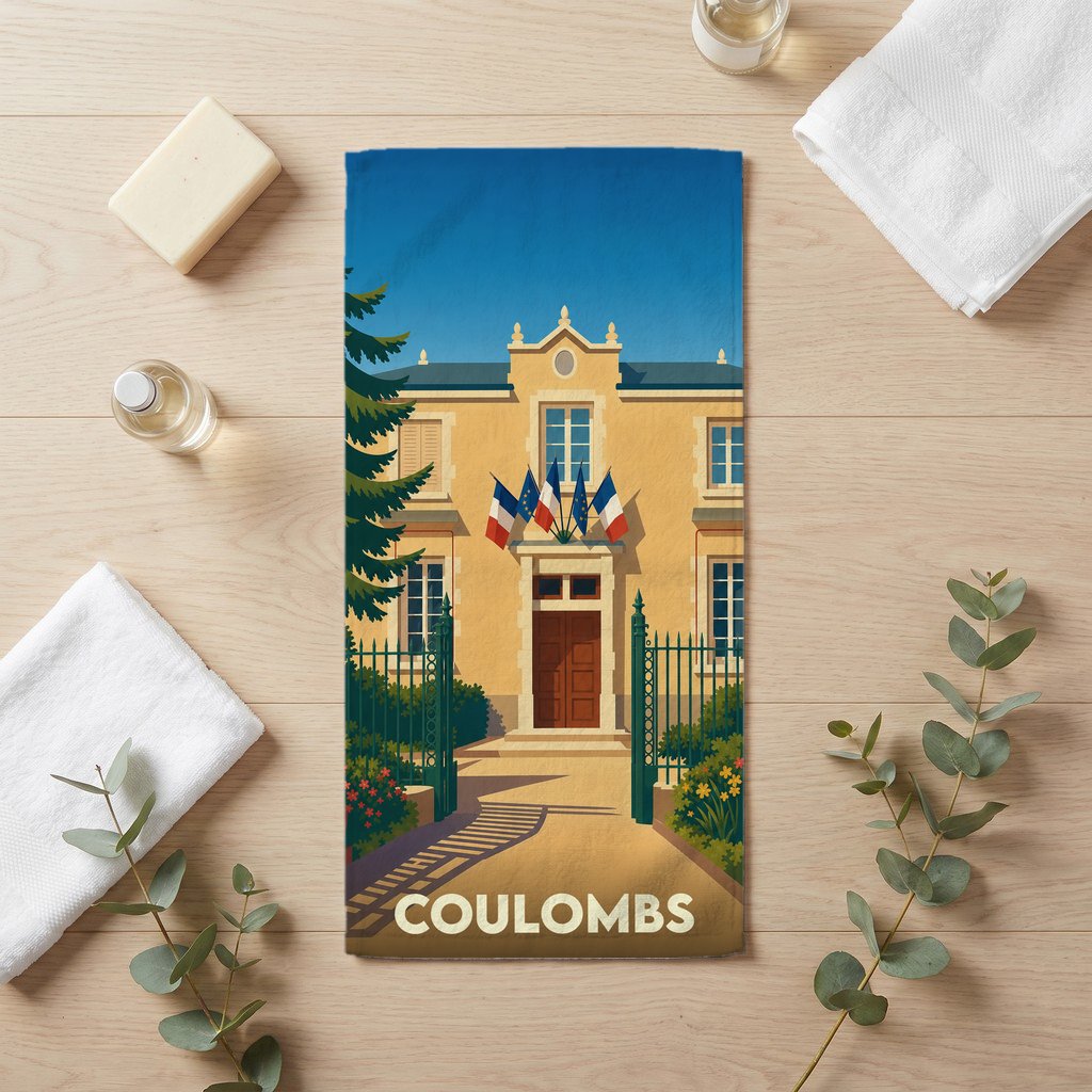 Serviette de bain souvenir de la ville de Coulombs avec une illustration stylisée de la mairie.