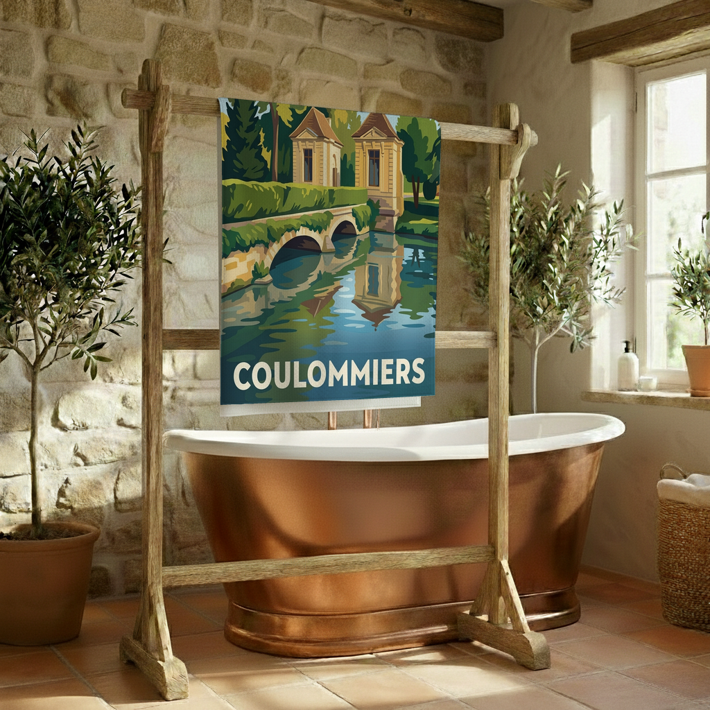 Serviette de bain souvenir de la ville de Coulommiers avec une illustration stylisée.