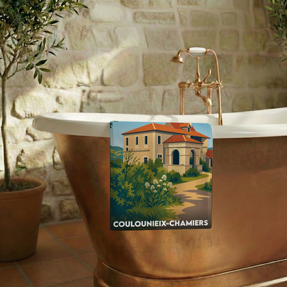 Serviette de bain souvenir de la ville de Coulounieix-Chamiers avec une illustration stylisée.