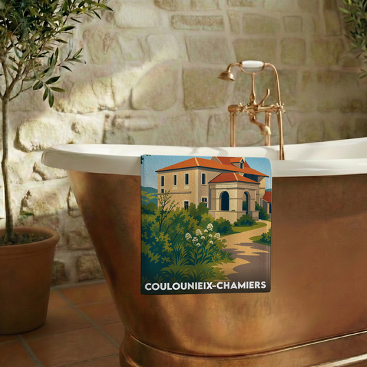 Serviette de bain souvenir de la ville de Coulounieix-Chamiers avec une illustration stylisée.