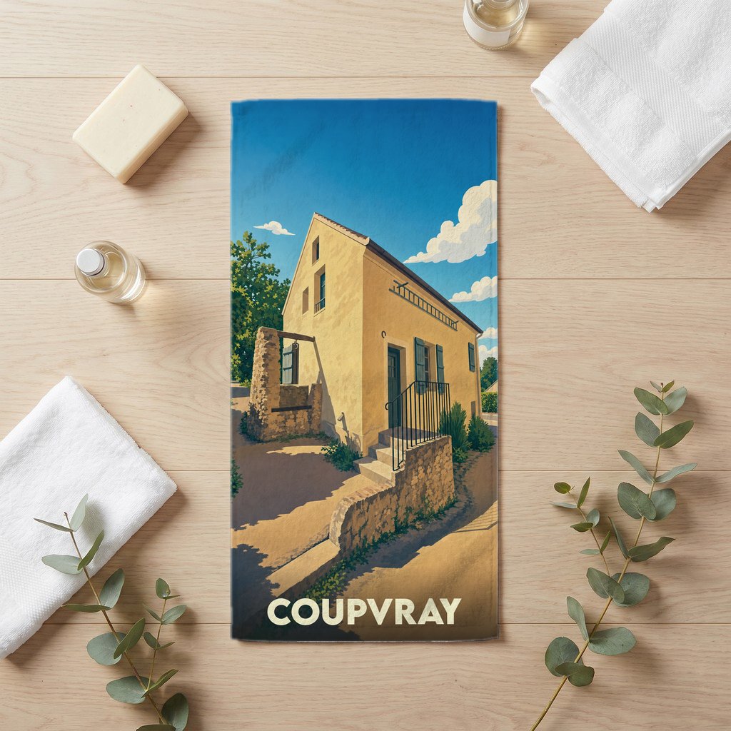 Serviette de bain souvenir de la ville de Coupvray illustrant la maison natale de Louis Braille.