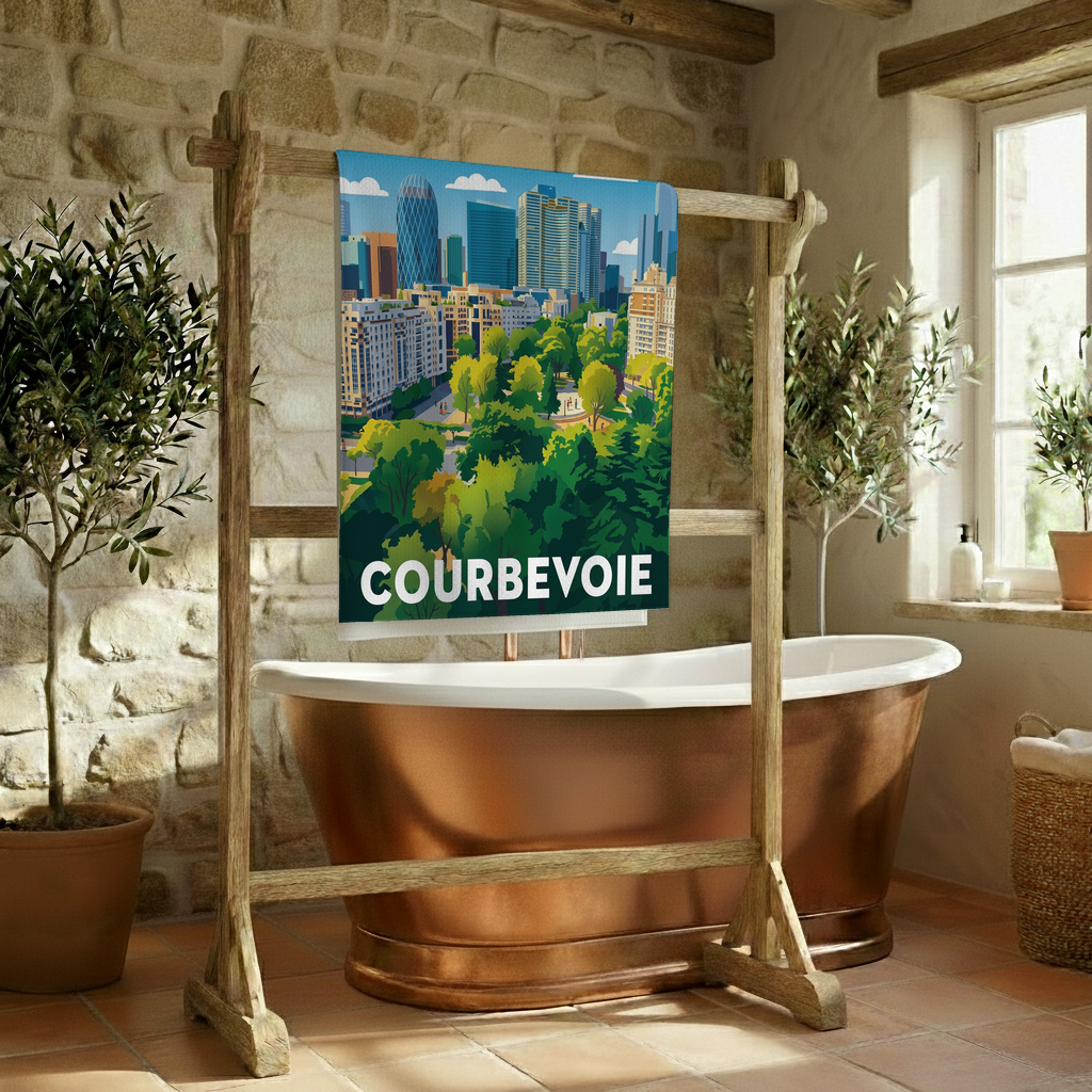 Serviette de bain souvenir de la ville de Courbevoie avec une illustration stylisée.