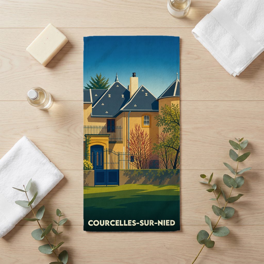 Serviette de bain souvenir de Courcelles-sur-Nied avec une illustration de maison stylisée.