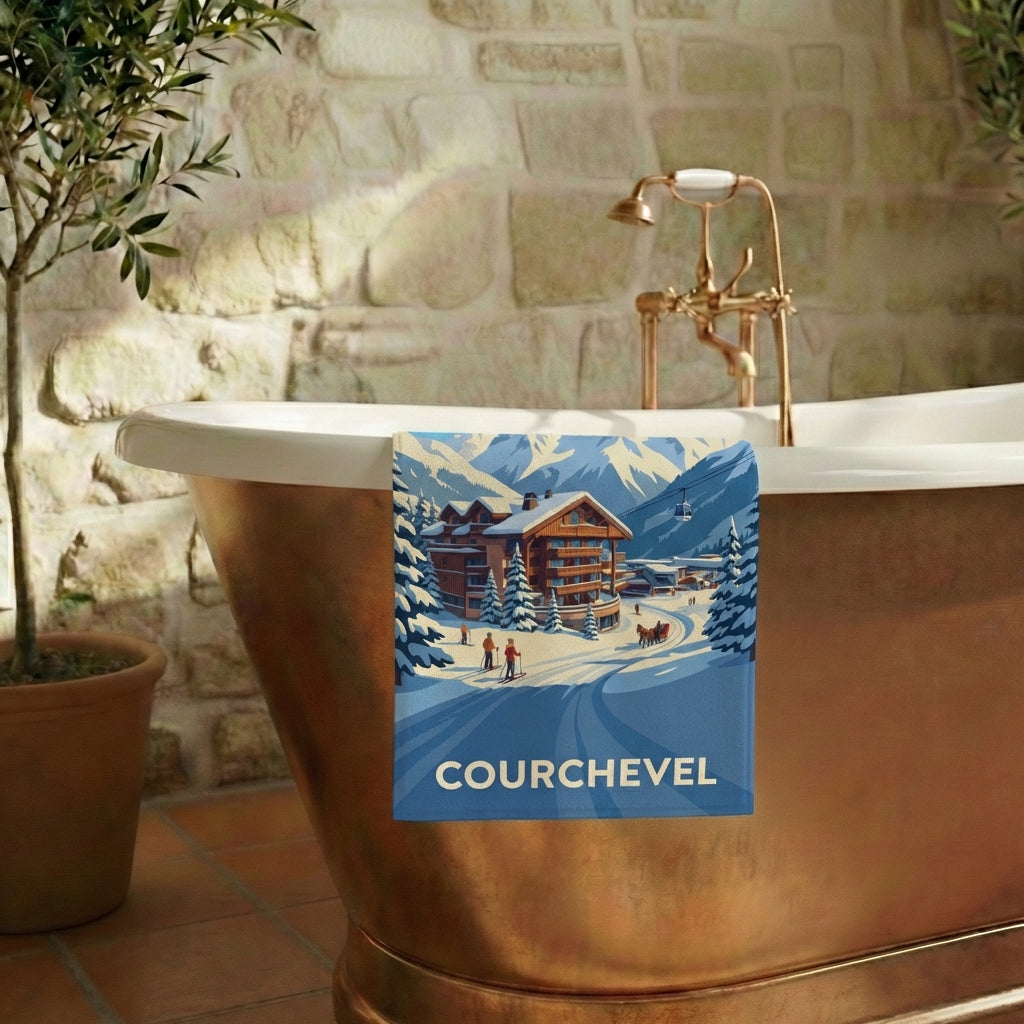 Serviette de bain souvenir de la ville de Courchevel avec une illustration stylisée.