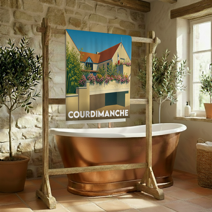 Serviette de bain souvenir de la ville de Courdimanche avec une illustration stylisée d'un bâtiment fleuri.