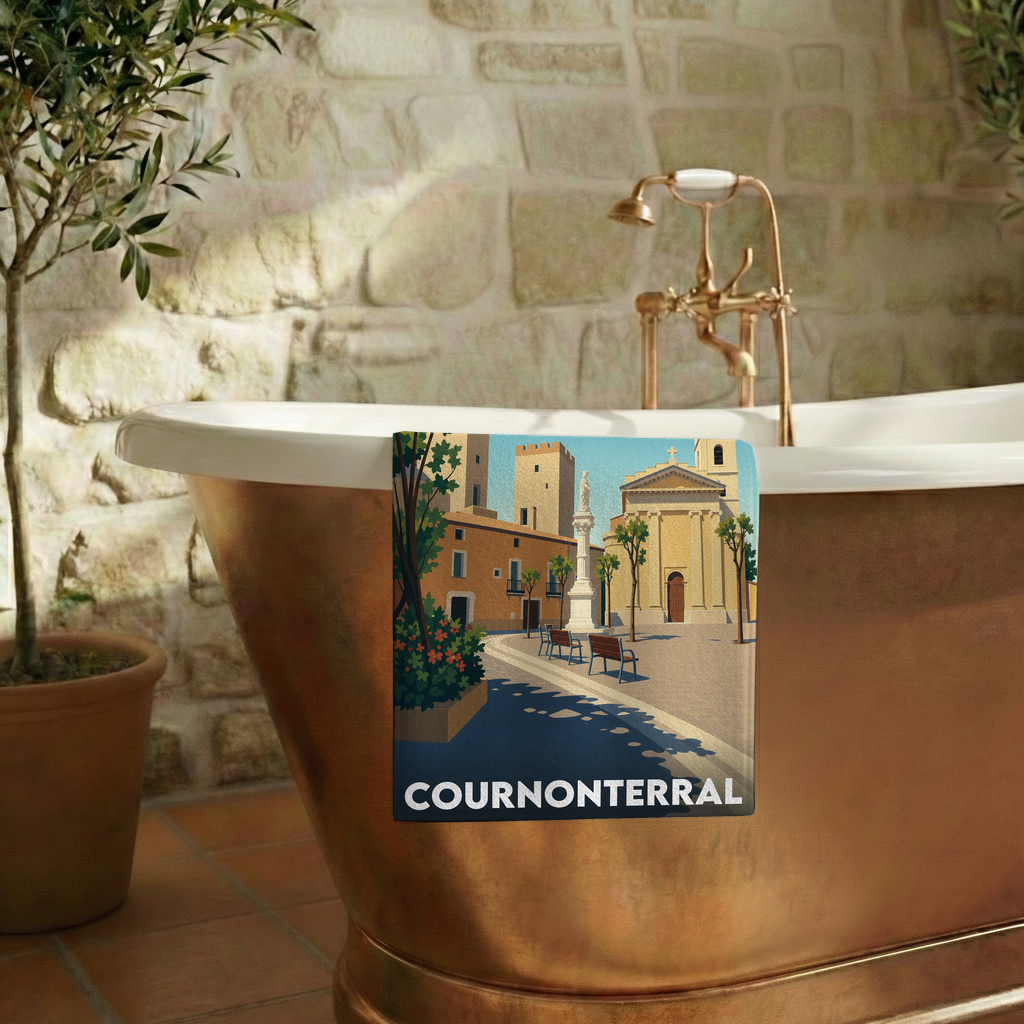 Serviette de bain souvenir de la ville de Cournonterral avec une illustration stylisée.