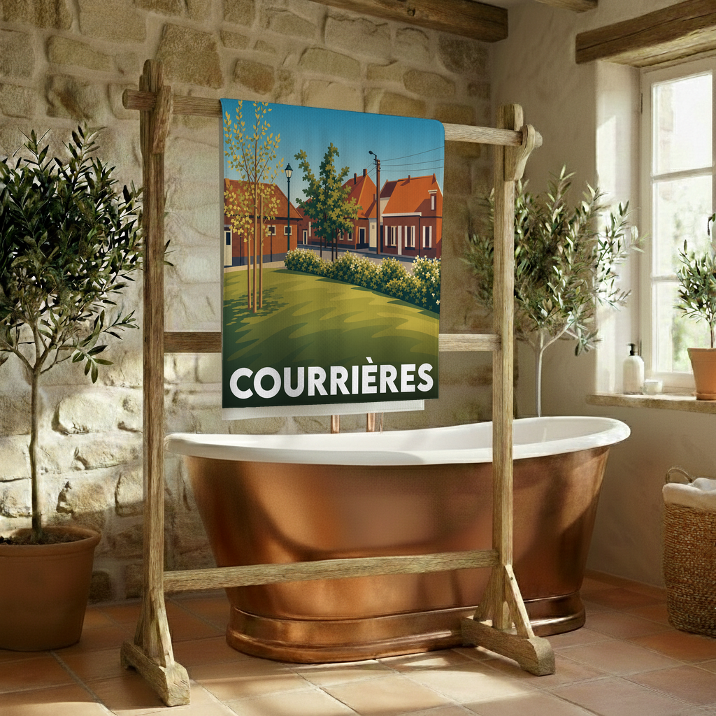 Serviette de bain souvenir de la ville de Courrières avec une illustration stylisée.