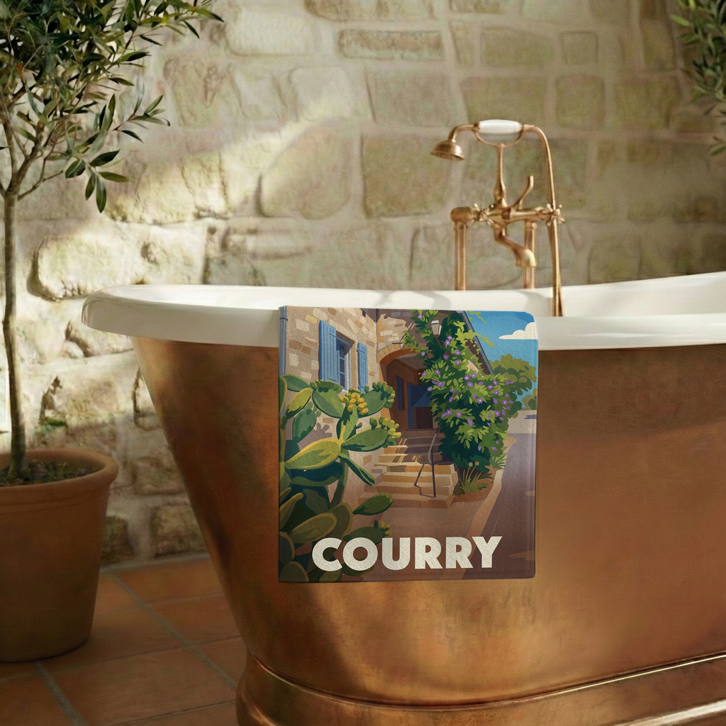 Serviette de bain souvenir de la ville de Courry avec une illustration stylisée d'une maison en pierre et de cactus.