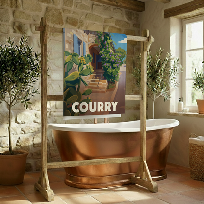 Serviette de bain souvenir de la ville de Courry avec une illustration stylisée d'un paysage local.