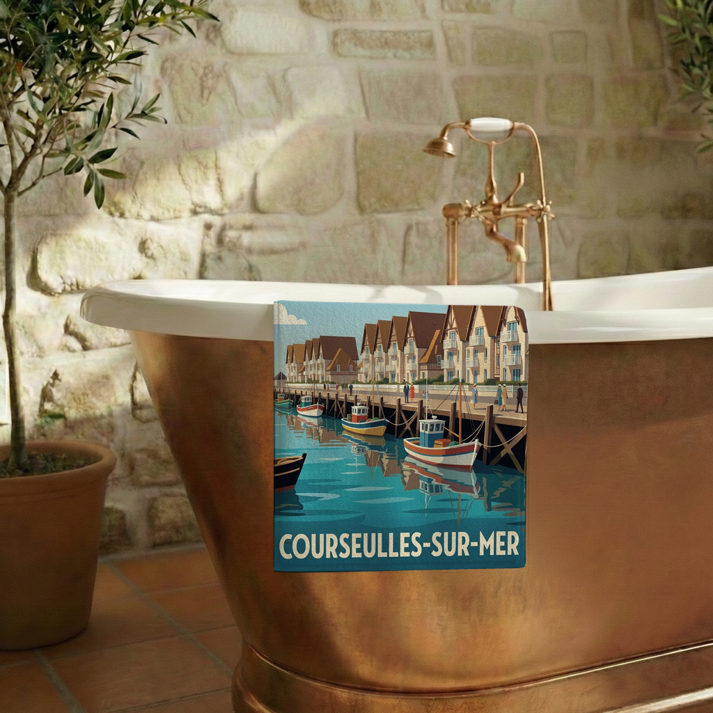 Serviette de bain souvenir de la ville de Courseulles-sur-Mer avec une illustration stylisée de son port.
