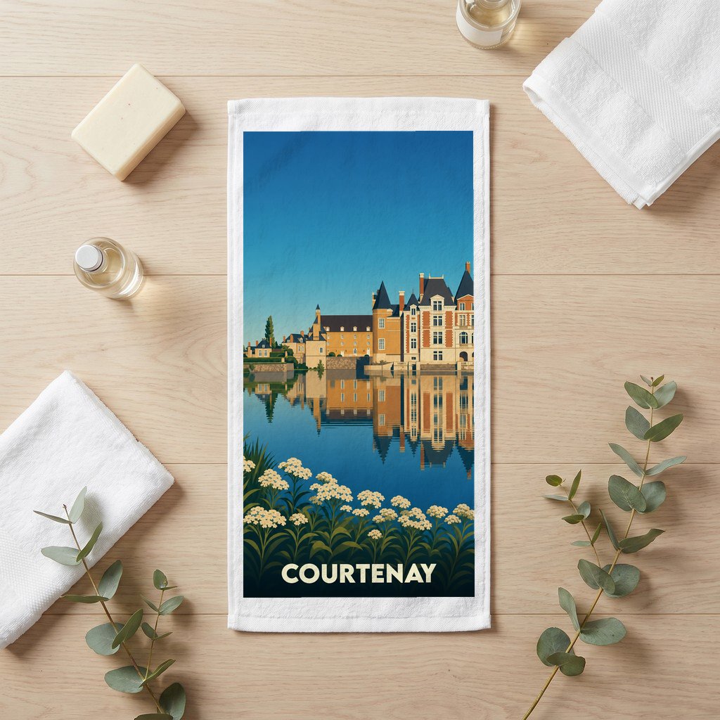 Serviette de bain souvenir de la ville de Courtenay avec une illustration stylisée d'un château se reflétant dans l'eau.