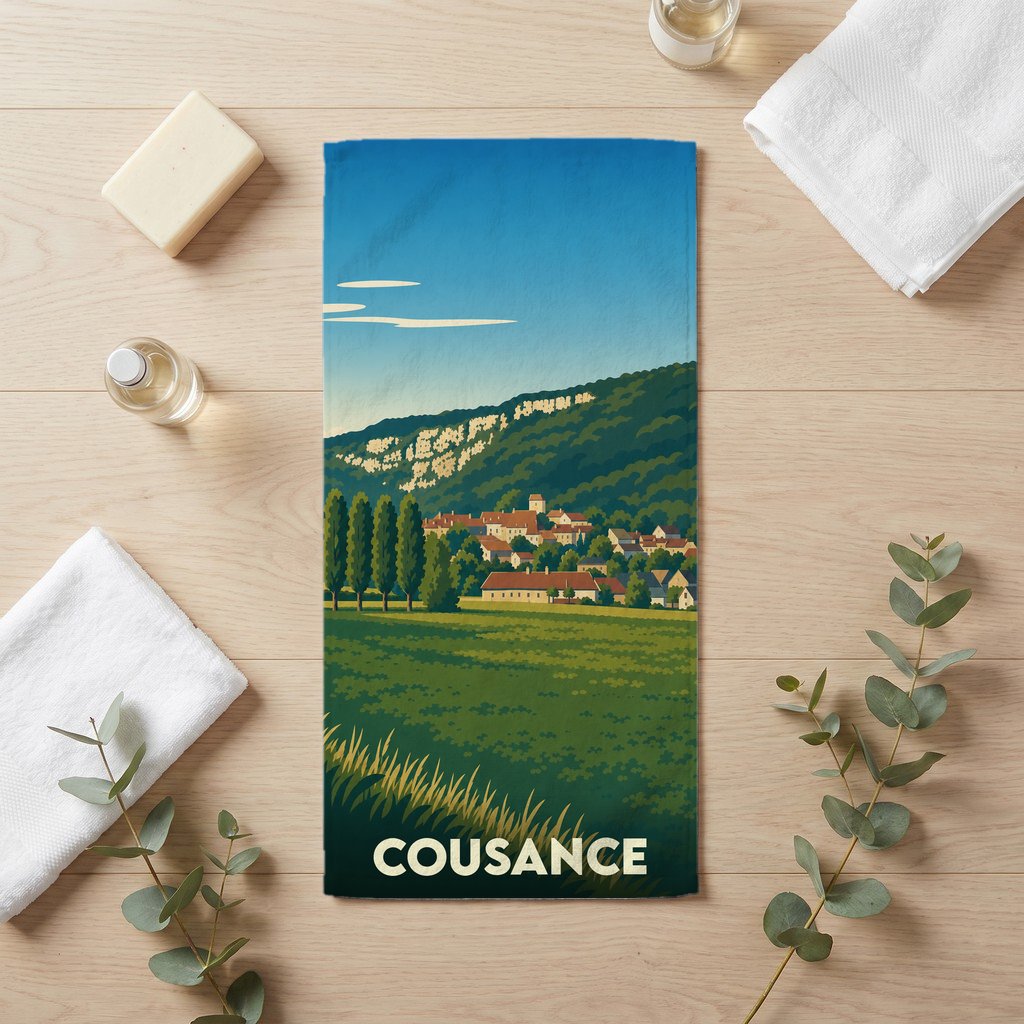 Serviette de bain souvenir de la ville de Cousance avec une illustration paysagère stylisée.