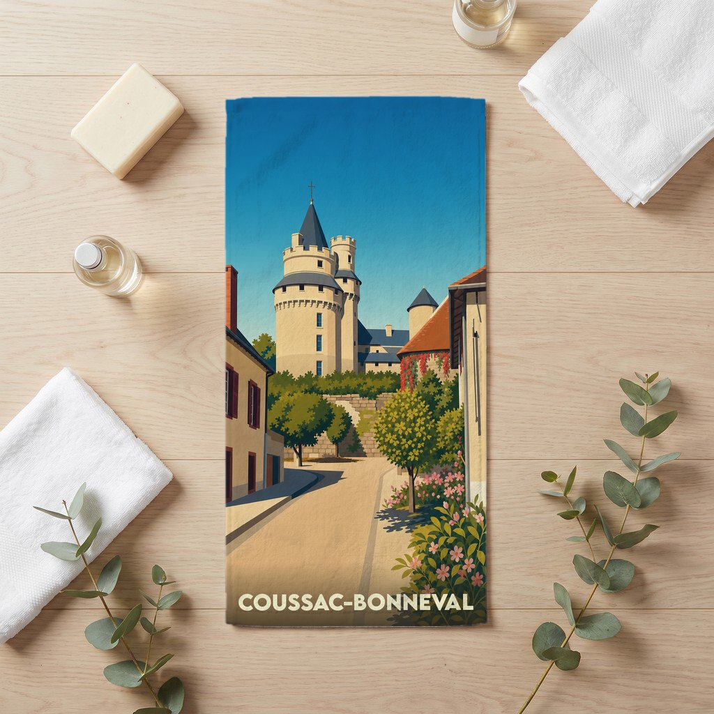 Serviette de bain souvenir de la ville de Coussac-Bonneval avec une illustration stylisée de son château.