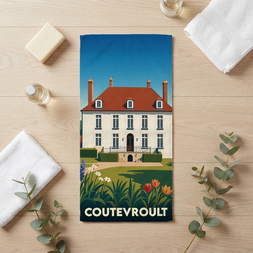 Serviette de bain souvenir de la ville de Coutevroult avec une illustration stylisée d'un manoir et son jardin.