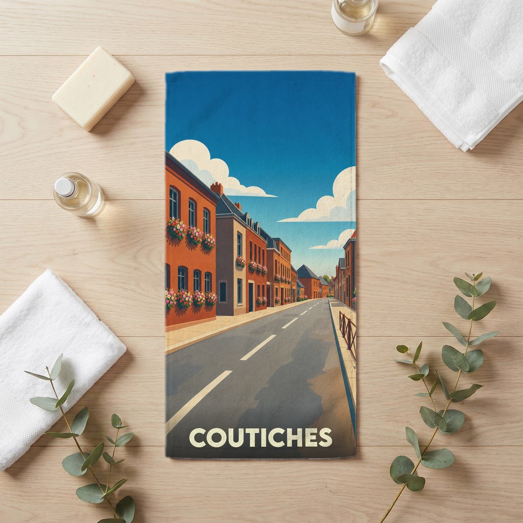 Serviette de bain souvenir de la ville de Coutiches avec une illustration stylisée d'une rue pittoresque.