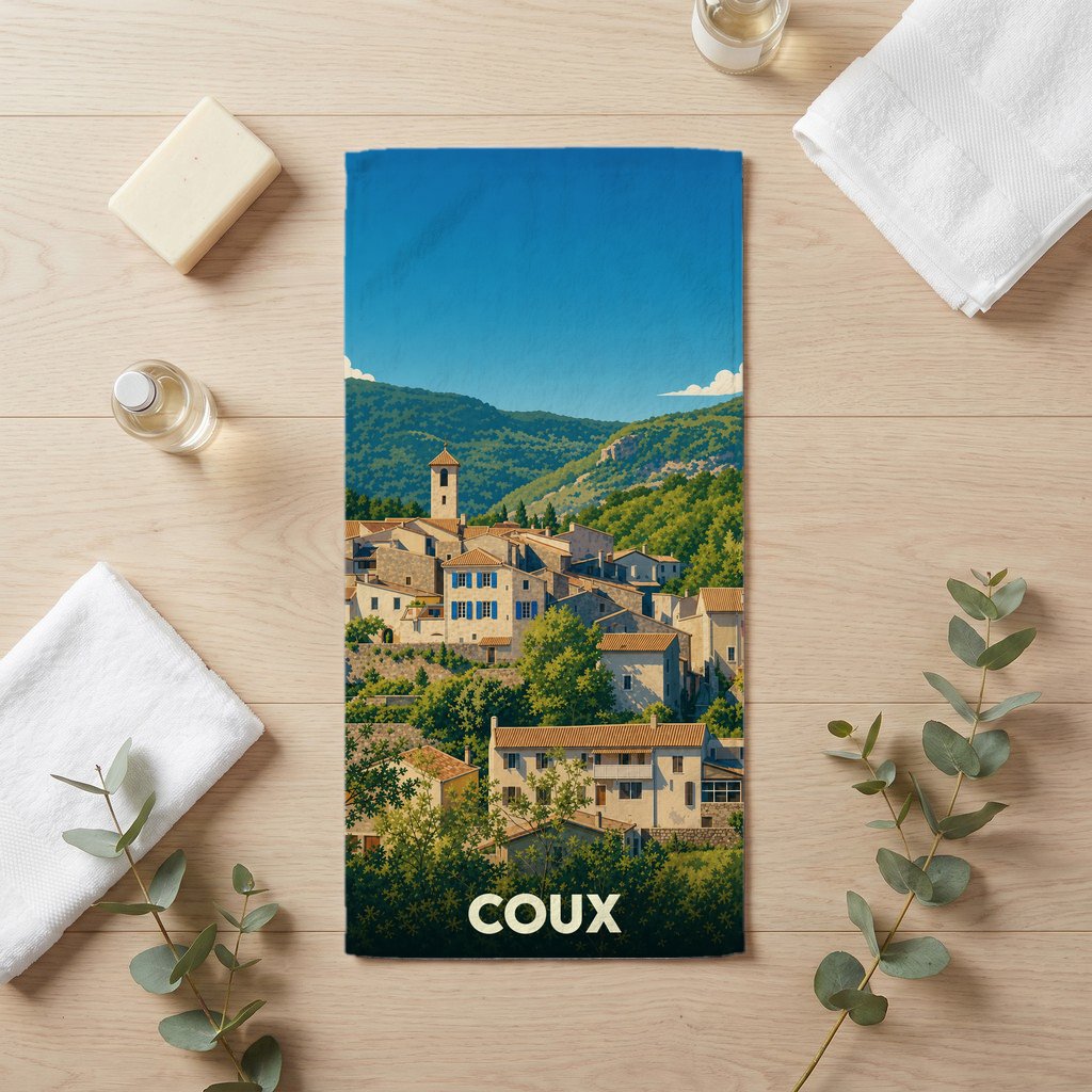 Serviette de bain souvenir de la ville de Coux avec une illustration stylisée de son village perché.