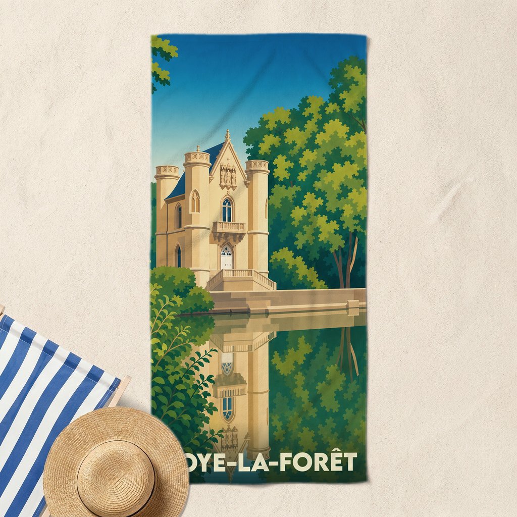 Serviette de bain souvenir de la ville de Coye-la-Forêt avec une illustration stylisée d'un château se reflétant dans l'eau.
