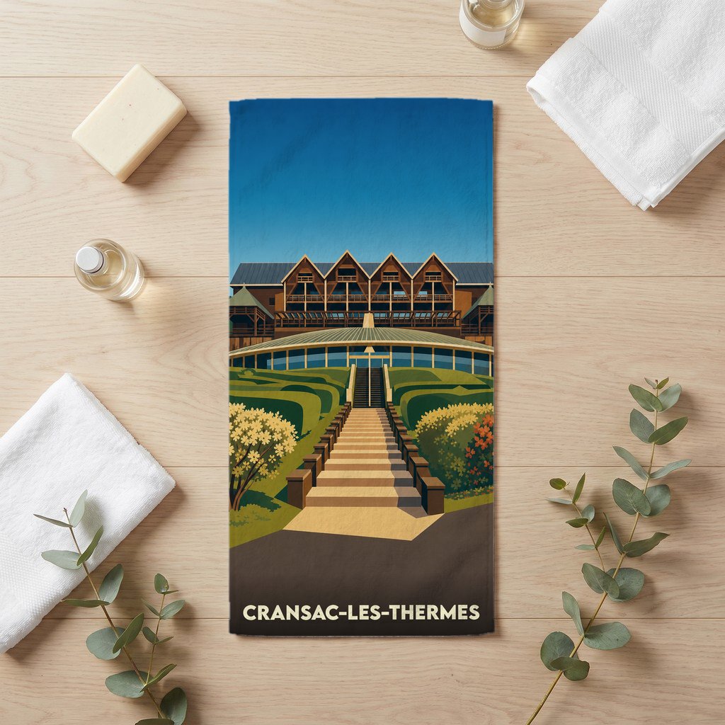 Serviette de bain souvenir de la ville de Cransac-les-Thermes avec une illustration stylisée de ses thermes.