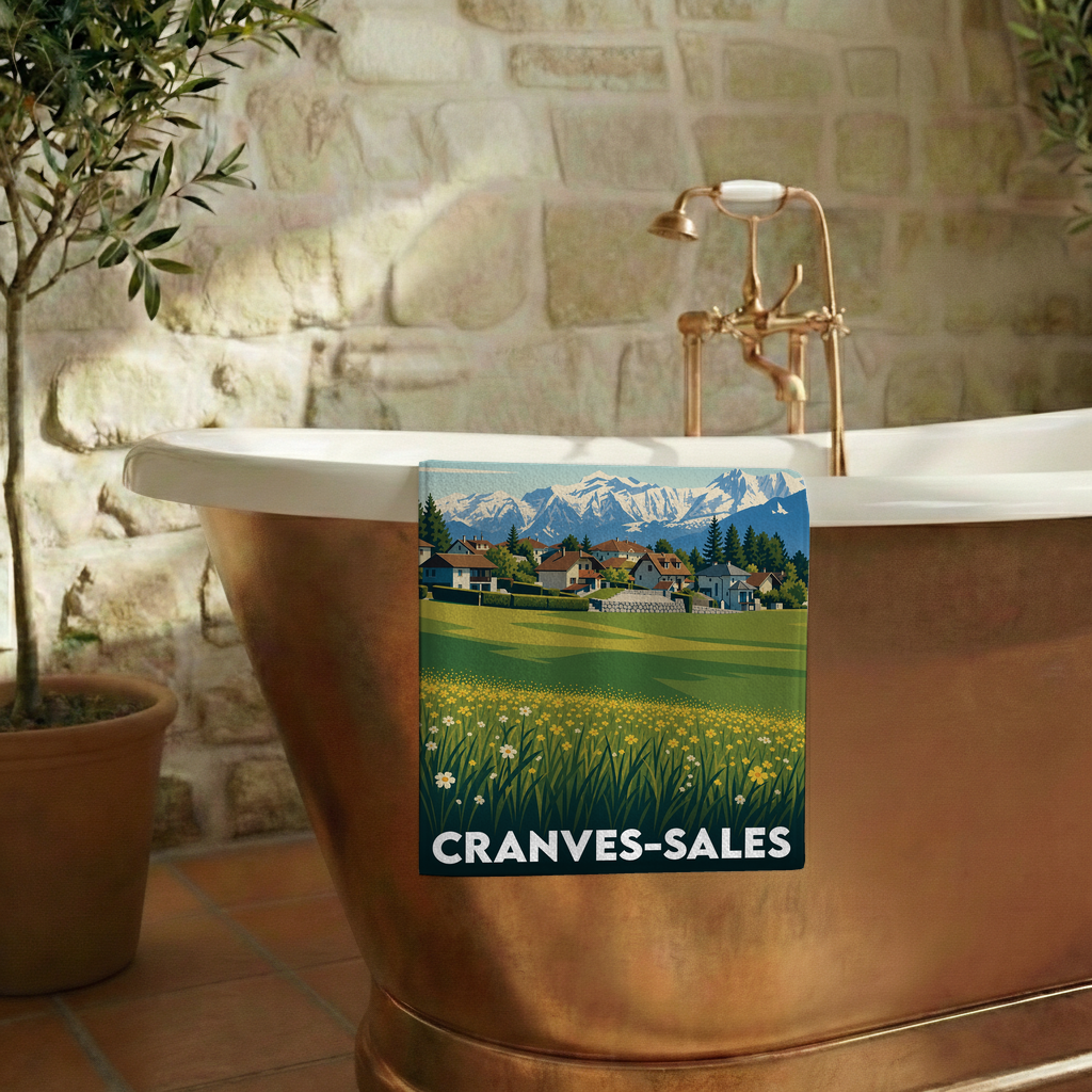 Serviette de bain souvenir de la ville de Cranves-Sales avec une illustration de paysage de montagne.