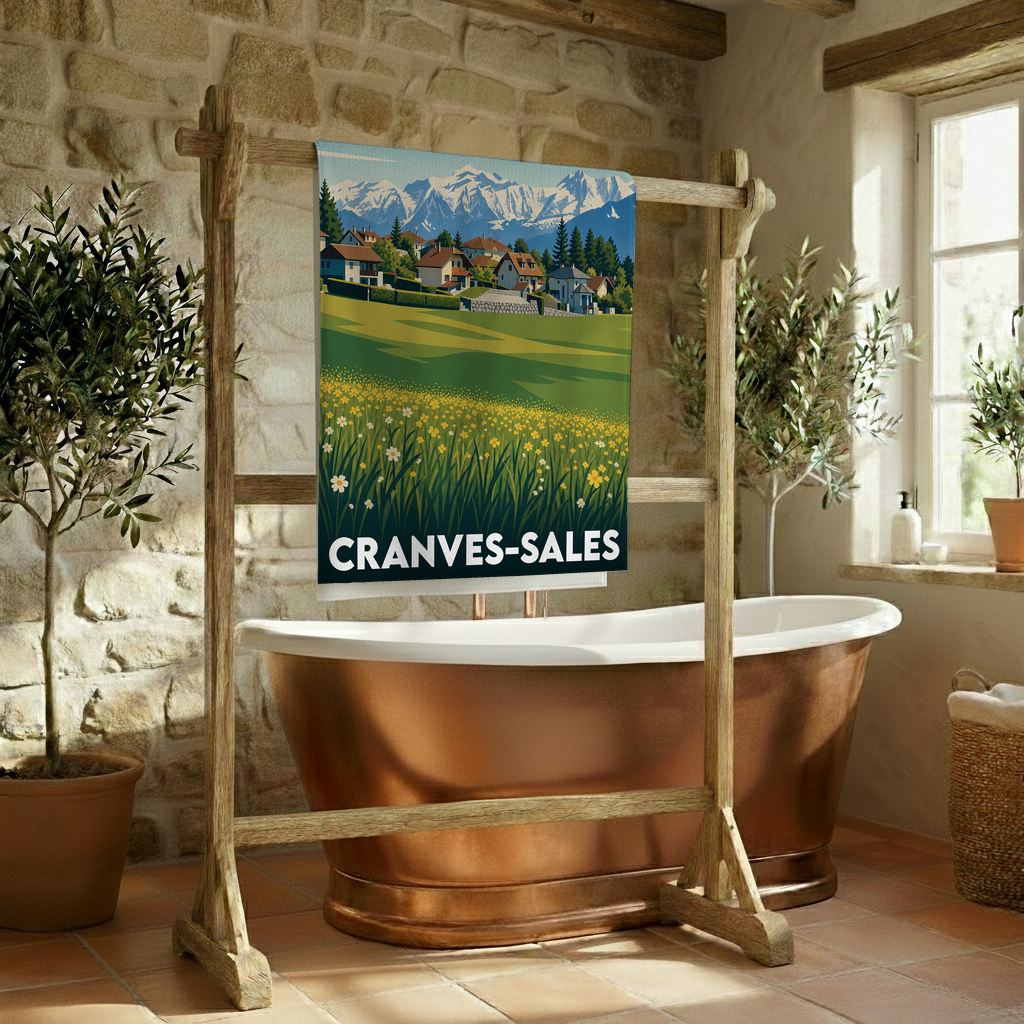 Serviette de bain souvenir de la ville de Cranves-Sales avec une illustration stylisée de montagnes et de prairies fleuries.