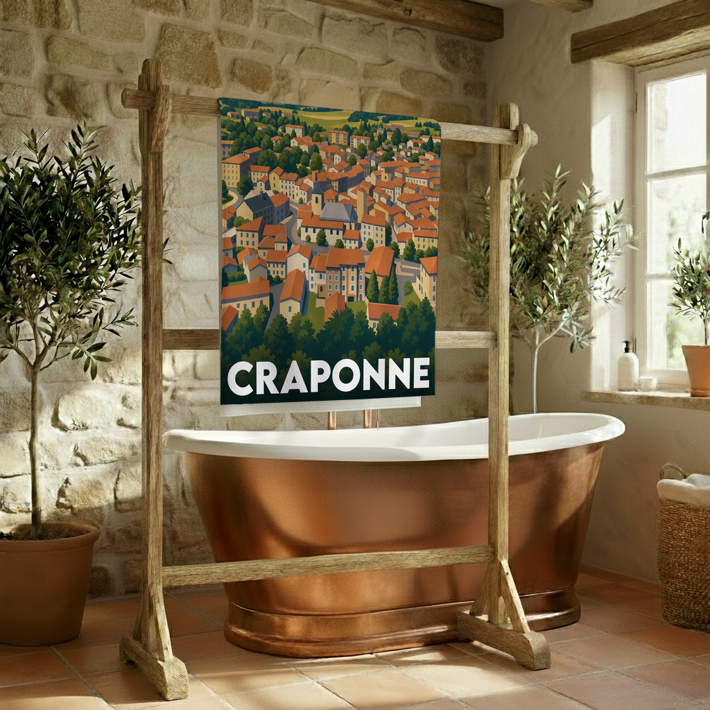 Serviette de bain souvenir de la ville de Craponne avec une illustration stylisée.