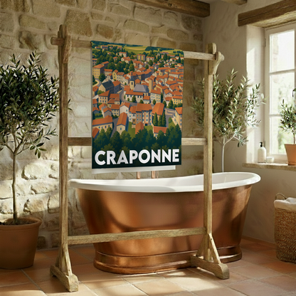 Serviette de bain souvenir de la ville de Craponne avec une illustration stylisée.