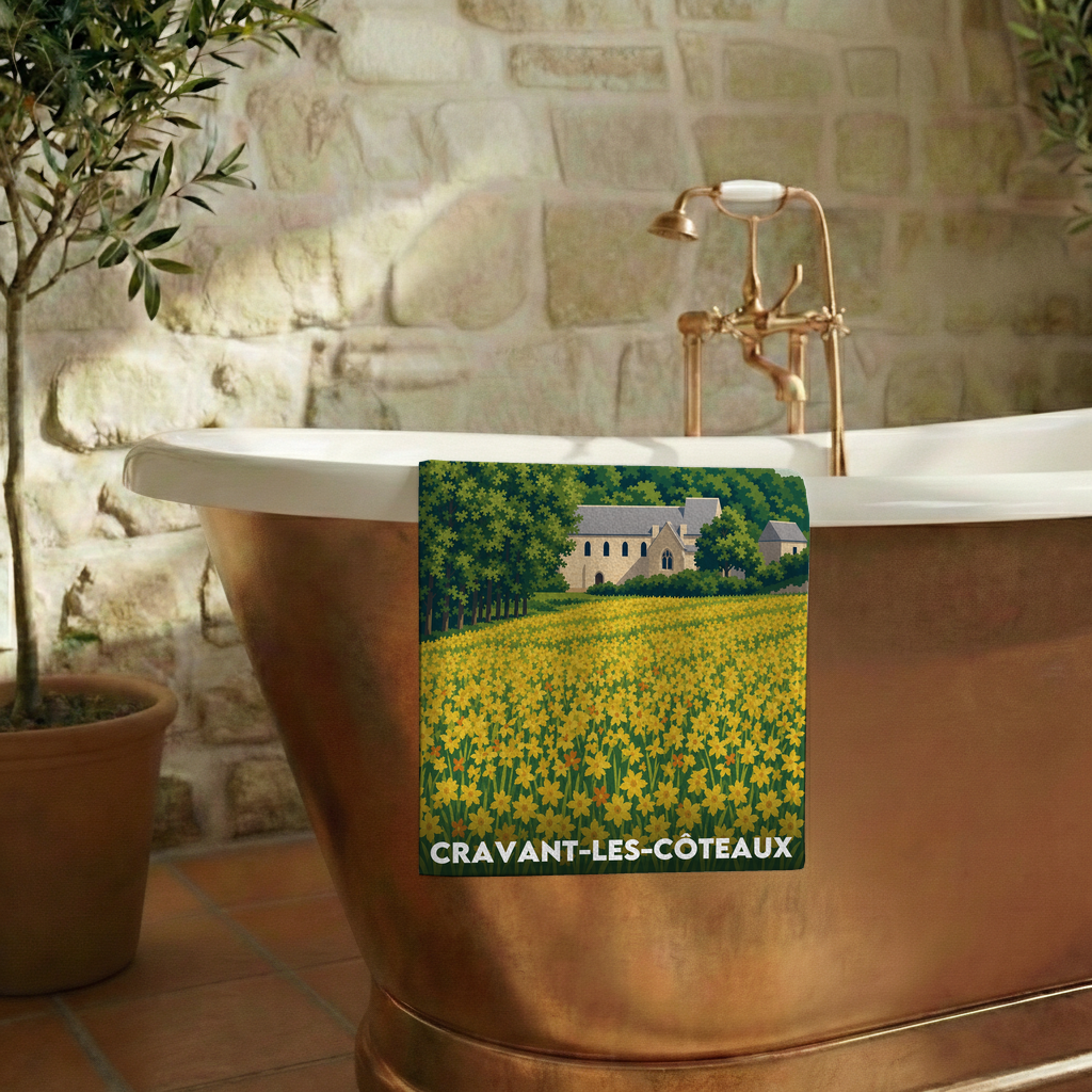 Serviette de bain souvenir de la ville de Cravant-les-Côteaux avec une illustration stylisée.