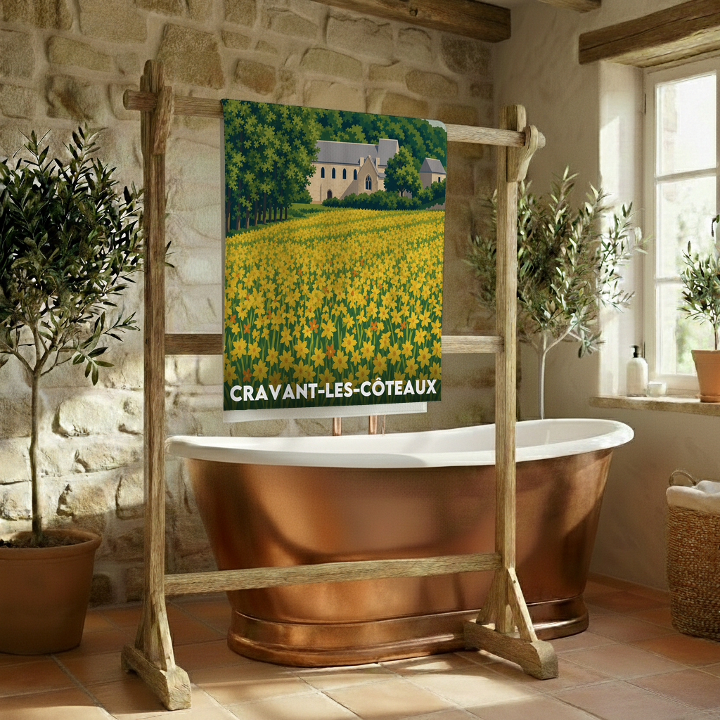 Serviette de bain souvenir de Cravant-les-Côteaux avec une illustration stylisée d'un paysage fleuri.